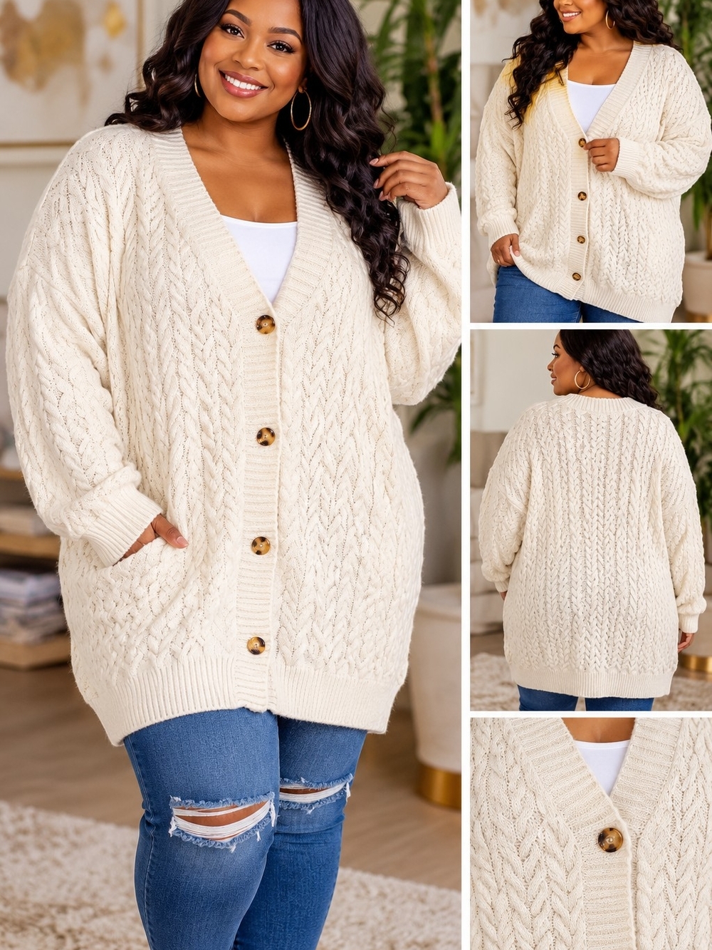 Plus Size 5XL Ivory Cable Knit Longline Button Front Cardigan